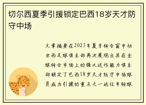 切尔西夏季引援锁定巴西18岁天才防守中场