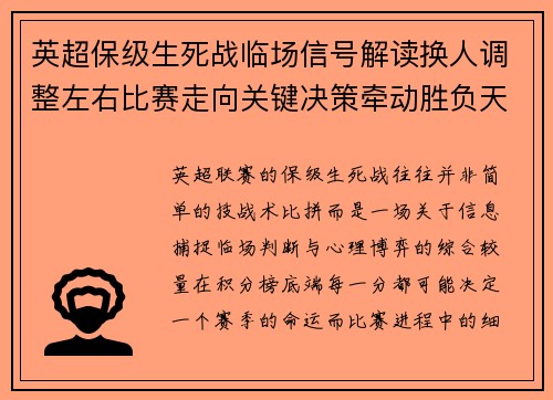 英超保级生死战临场信号解读换人调整左右比赛走向关键决策牵动胜负天平